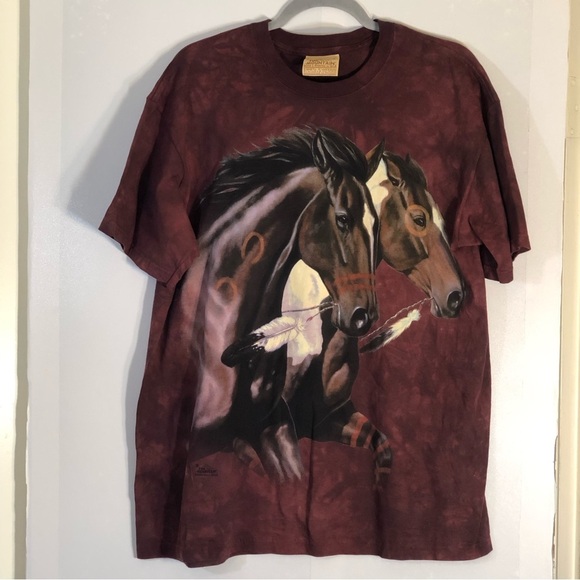 The Mountain Other - The Mountain Vintage Y2K 2004 Horse Feather Burgundy Brown Tie Dye L T Shirt